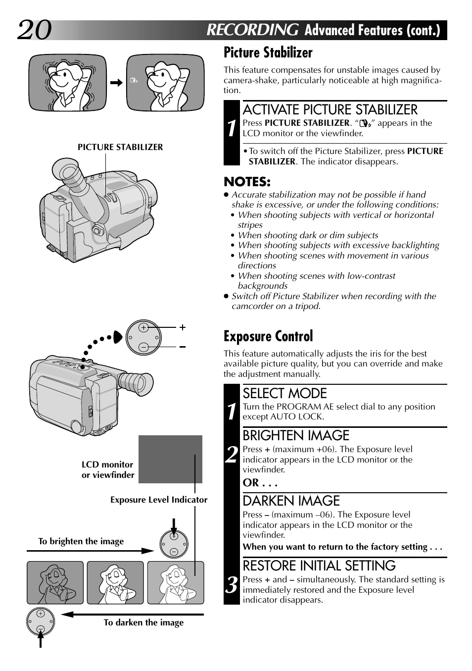Recording, Advanced features (cont.), Picture stabilizer | Exposure control, Activate picture stabilizer, Select mode, Brighten image, Darken image, Restore initial setting | JVC COMPACT VHS LYT0002-0N5A User Manual | Page 20 / 52