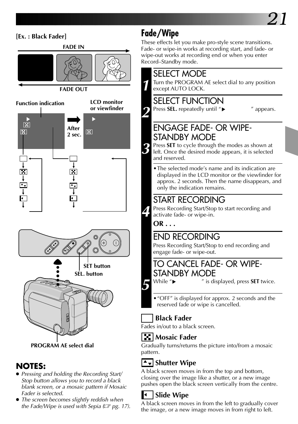 Fade/wipe, Select mode, Select function | Engage fade- or wipe- standby mode, Start recording, End recording | JVC COMPACT VHS LYT0002-0N5A User Manual | Page 21 / 52