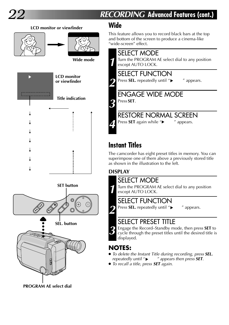 Recording, Advanced features (cont.) wide, Instant titles | JVC COMPACT VHS LYT0002-0N5A User Manual | Page 22 / 52