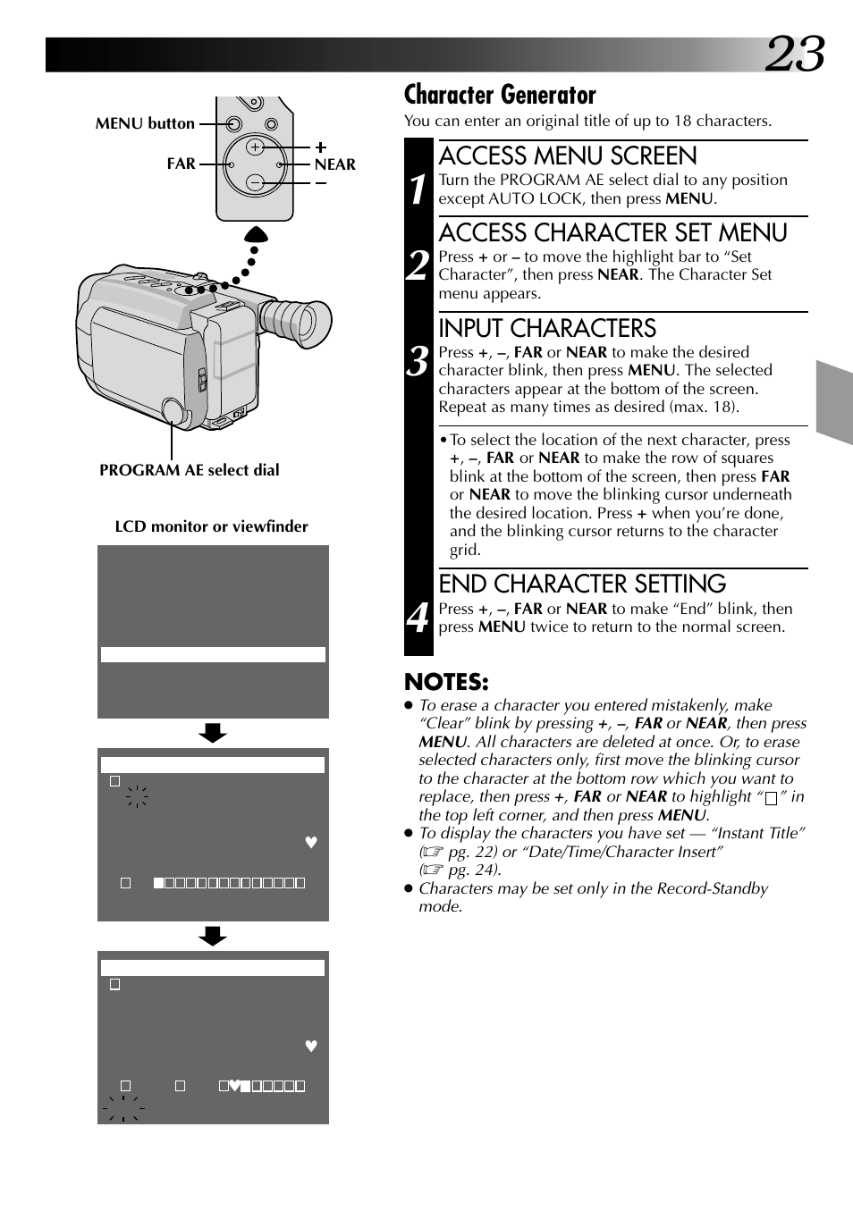 Character generator, Access menu screen, Access character set menu | Input characters, End character setting | JVC COMPACT VHS LYT0002-0N5A User Manual | Page 23 / 52