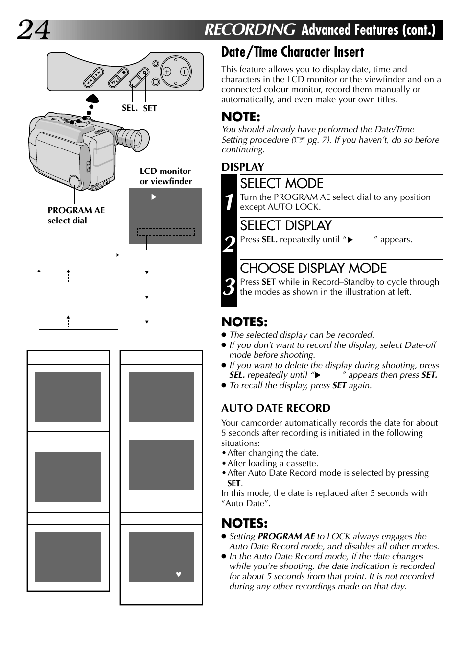 Recording, Select mode, Select display | Choose display mode | JVC COMPACT VHS LYT0002-0N5A User Manual | Page 24 / 52