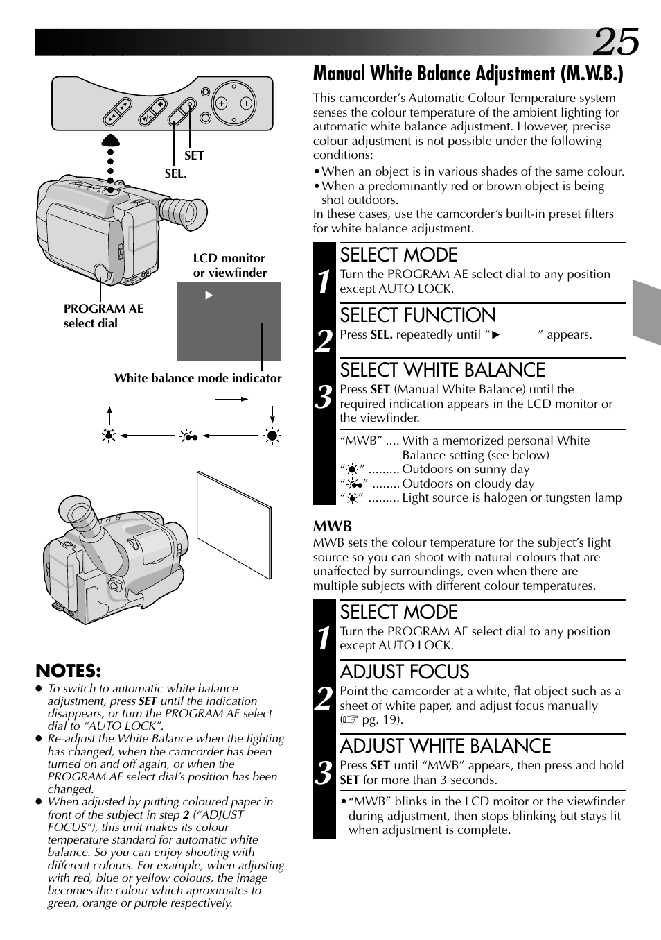 Manual white balance adjustment (m.w.b.), Select mode, Select function | Select white balance, Adjust focus, Adjust white balance | JVC COMPACT VHS LYT0002-0N5A User Manual | Page 25 / 52