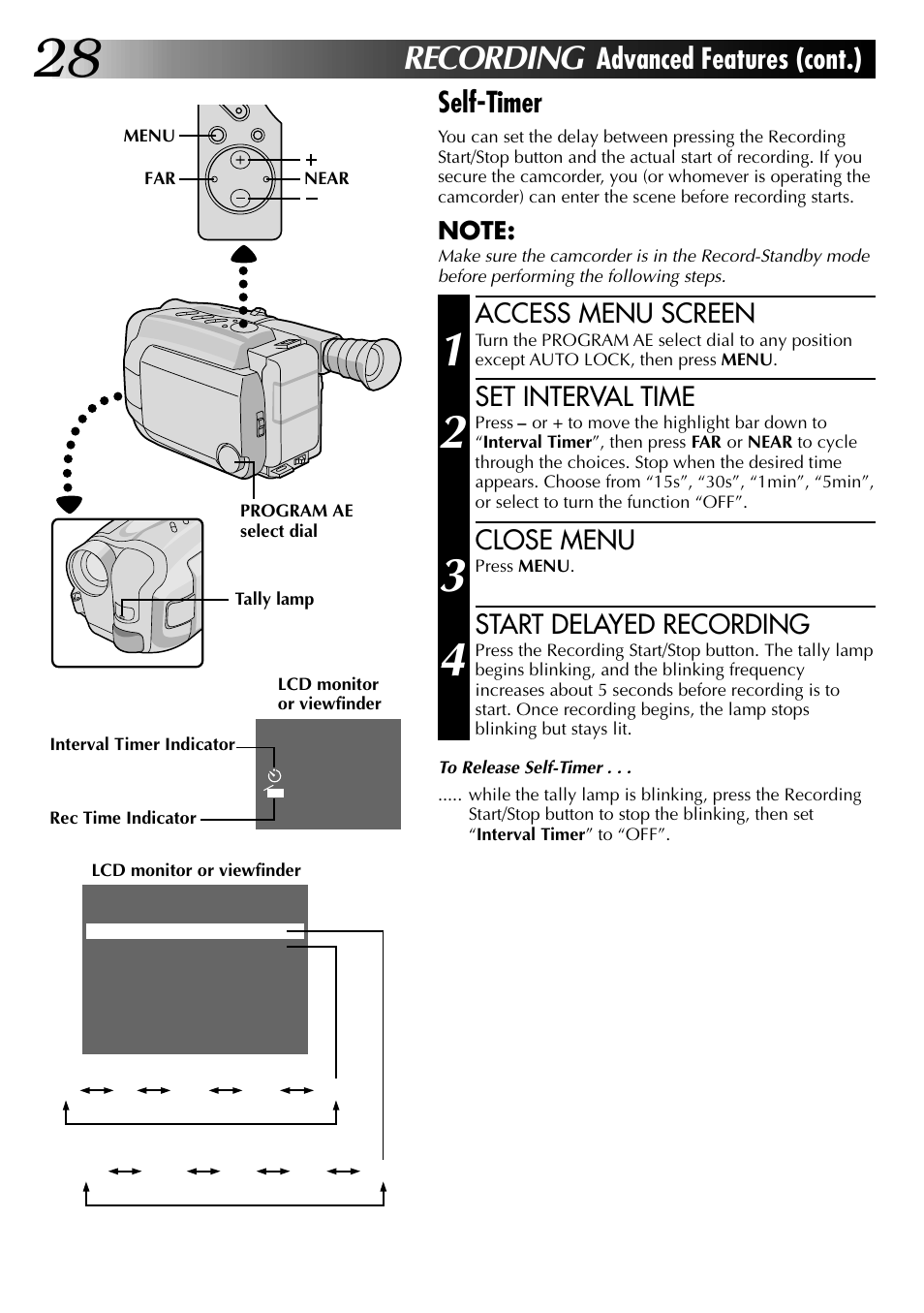 Recording, Advanced features (cont.) self-timer, Access menu screen | Set interval time, Close menu, Start delayed recording | JVC COMPACT VHS LYT0002-0N5A User Manual | Page 28 / 52