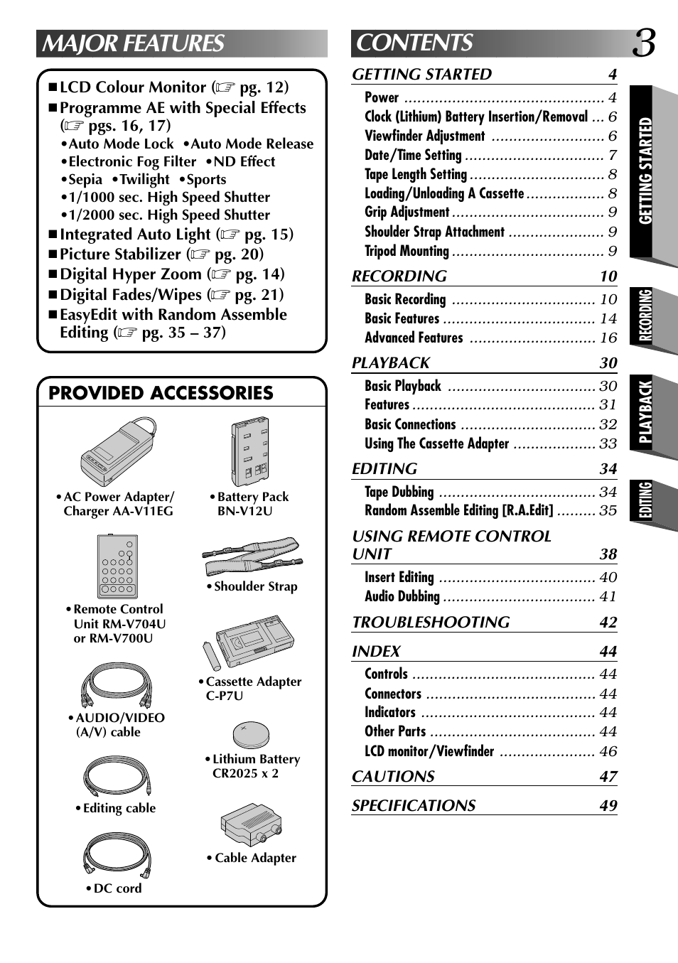 Major features contents | JVC COMPACT VHS LYT0002-0N5A User Manual | Page 3 / 52
