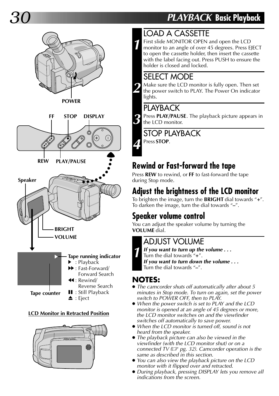 Playback, Basic playback, Rewind or fast-forward the tape | Adjust the brightness of the lcd monitor, Speaker volume control, Load a cassette, Select mode, Stop playback, Adjust volume | JVC COMPACT VHS LYT0002-0N5A User Manual | Page 30 / 52