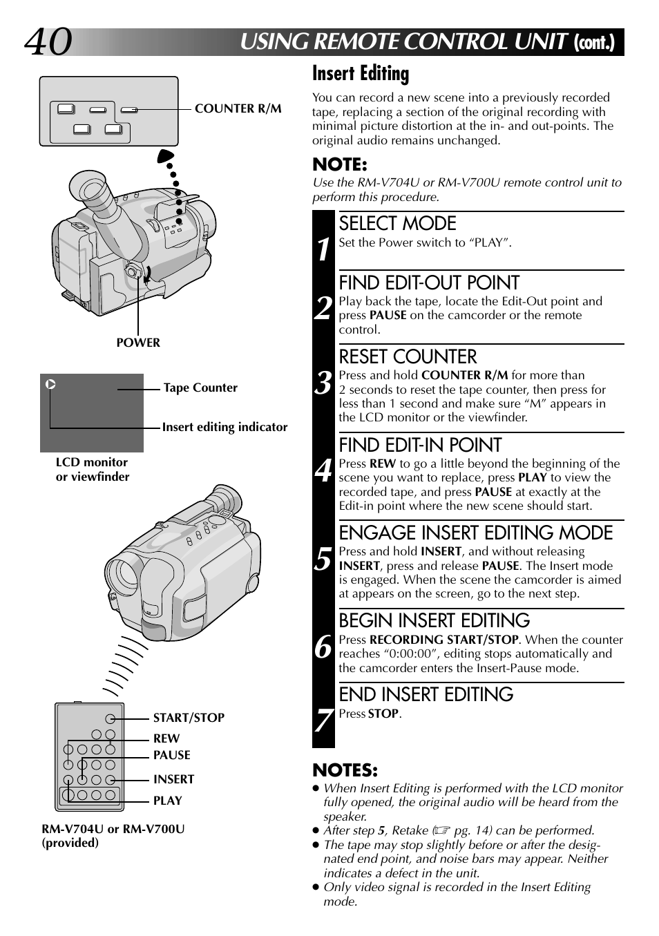 Using remote control unit, Cont.) insert editing | JVC COMPACT VHS LYT0002-0N5A User Manual | Page 40 / 52