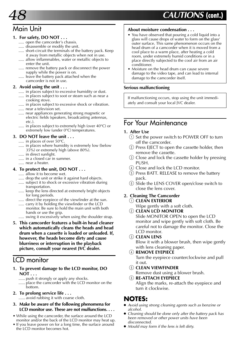 Cautions, Cont.), For your maintenance | Main unit, Lcd monitor | JVC COMPACT VHS LYT0002-0N5A User Manual | Page 48 / 52