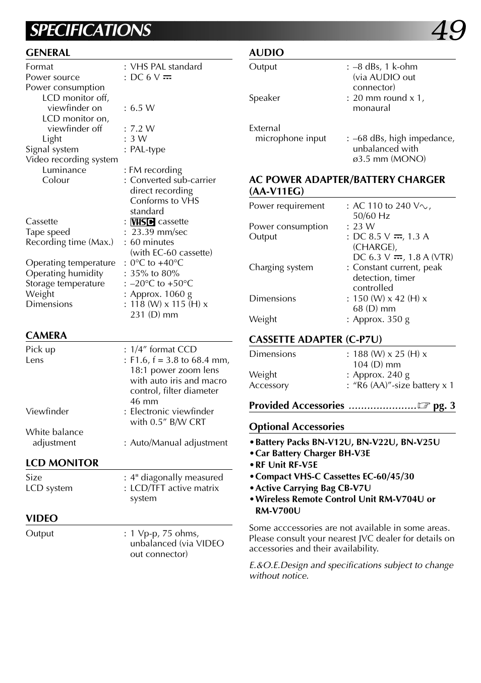 Specifications | JVC COMPACT VHS LYT0002-0N5A User Manual | Page 49 / 52