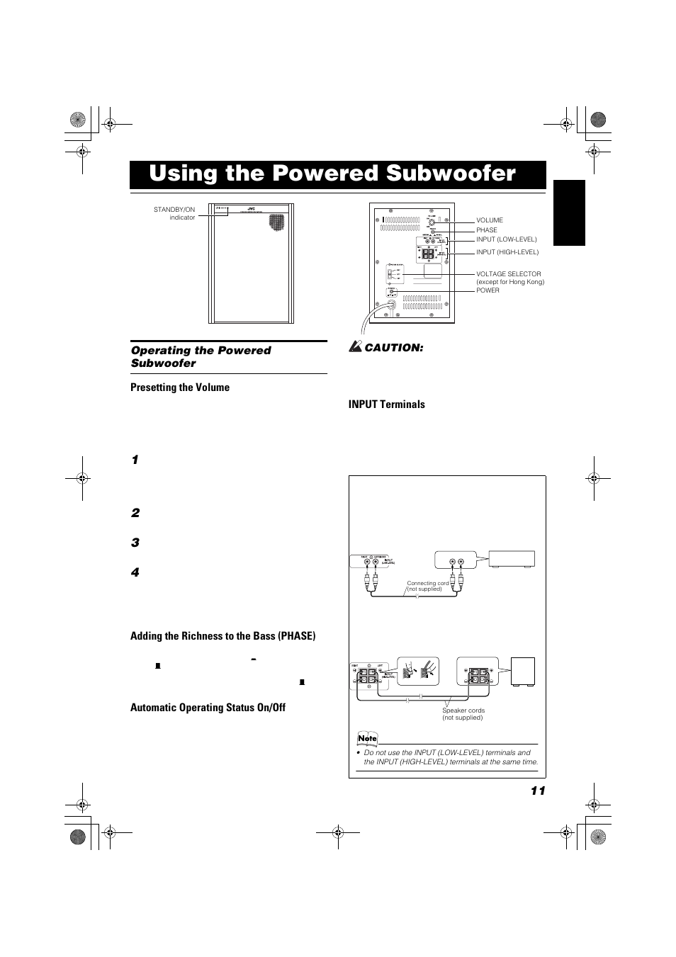 Using the powered subwoofer, Adding the richness to the bass (phase), Automatic operating status on/off | Input terminals | JVC FSSD1000CA User Manual | Page 15 / 52