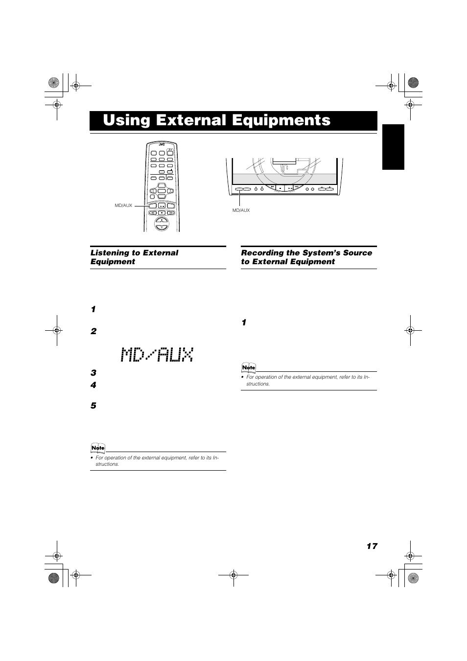 Using external equipments, Listening to external equipment, Set the volume control to the mini- mum position | Press the md/aux button, Start playing the external equipment, Apply sound effects, if you wish | JVC FSSD1000CA User Manual | Page 21 / 52