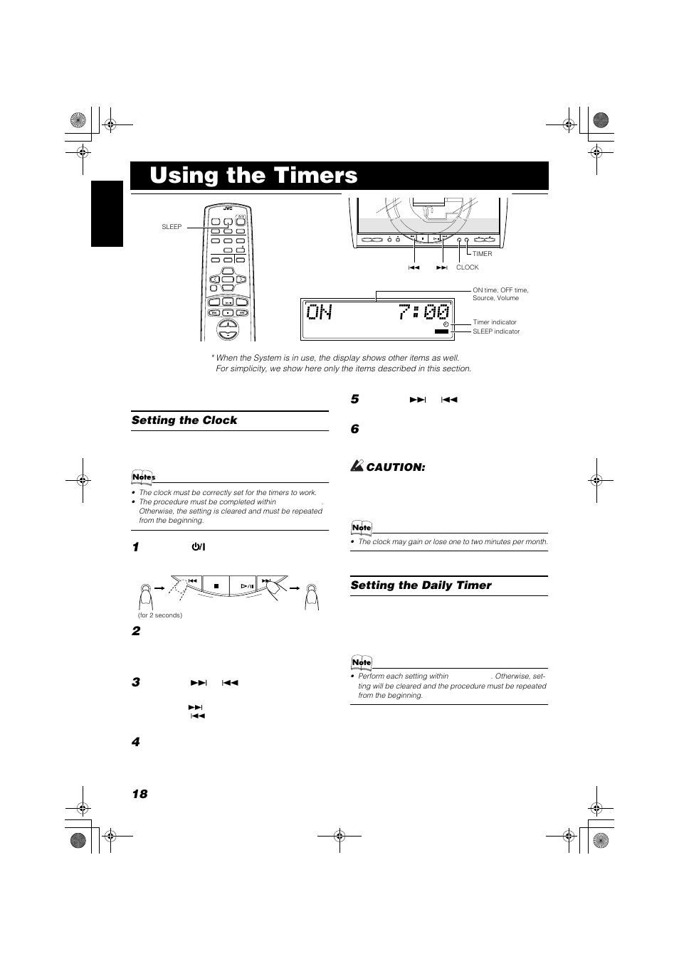 Using the timers, Setting the clock, Setting the daily timer | Press the % % % % button, Caution, Press the clock button, Press the ¢ or 4 button to set the minute | JVC FSSD1000CA User Manual | Page 22 / 52