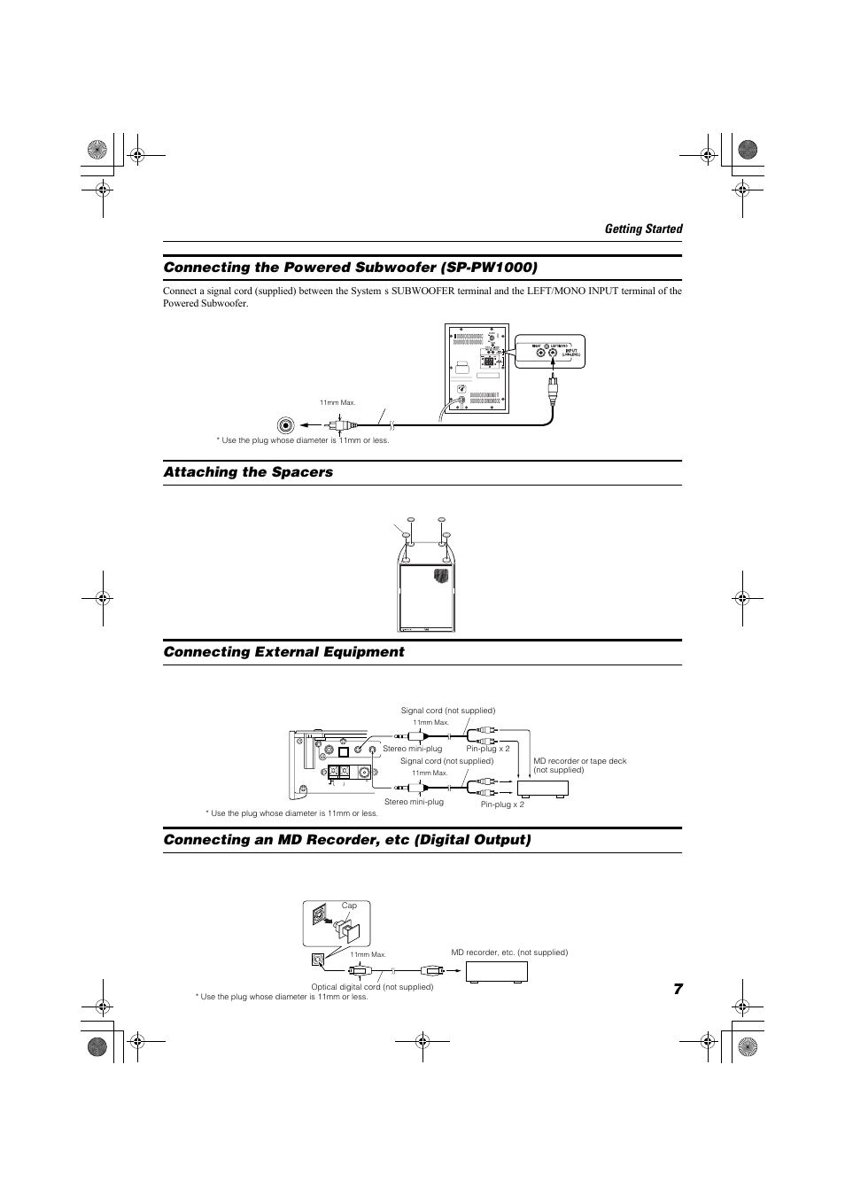 Connecting the powered subwoofer (sp-pw1000), Attaching the spacers, Connecting external equipment | Connecting an md recorder, etc (digital output), Getting started | JVC FSSD1000CA User Manual | Page 37 / 52