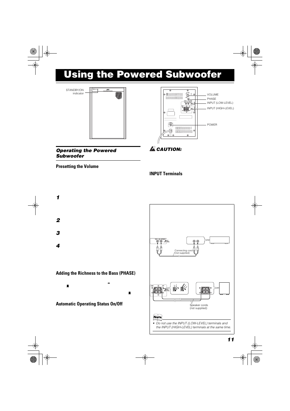 Using the powered subwoofer, Adding the richness to the bass (phase), Automatic operating status on/off | Input terminals | JVC FSSD1000CA User Manual | Page 41 / 52