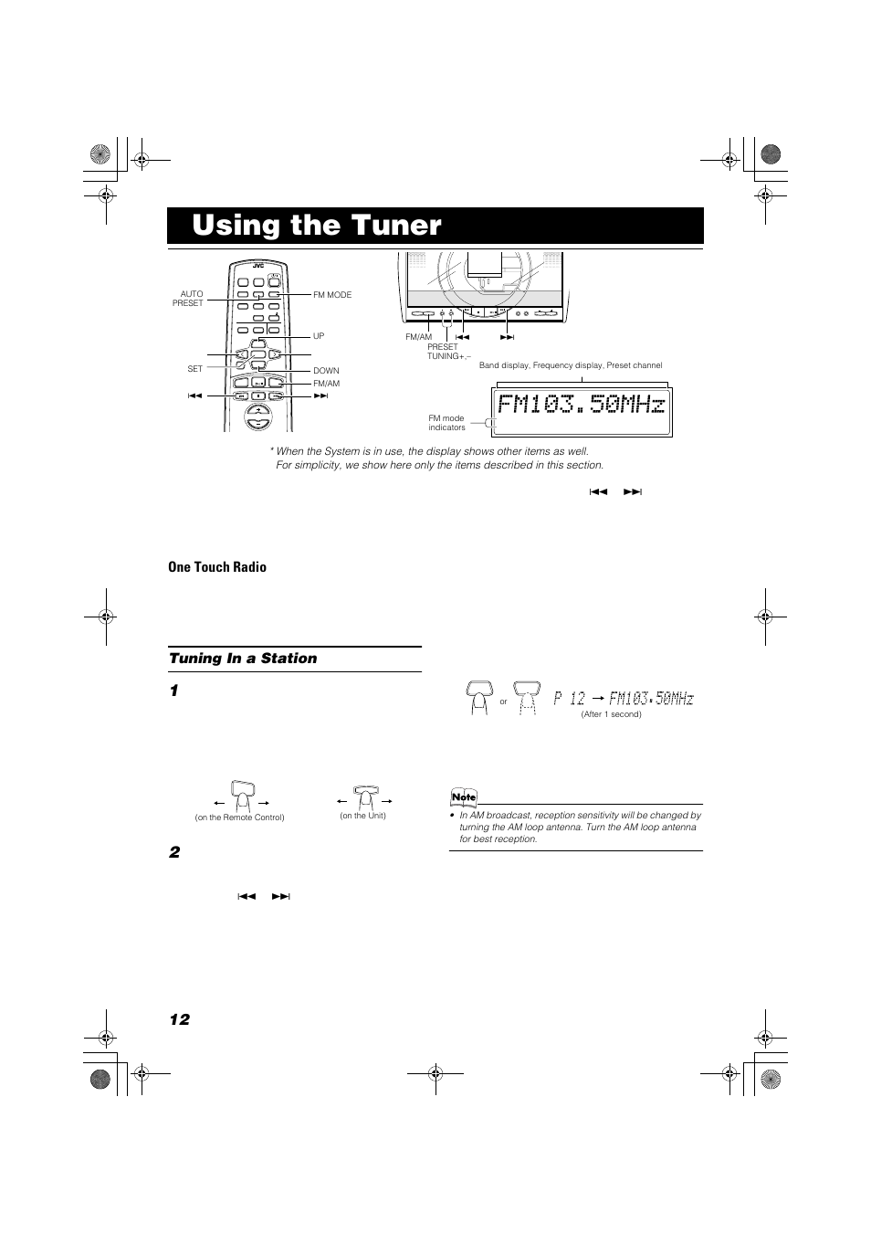 Using the tuner, One touch radio, Tuning in a station | Press the fm/am button, Example | JVC FSSD1000CA User Manual | Page 42 / 52