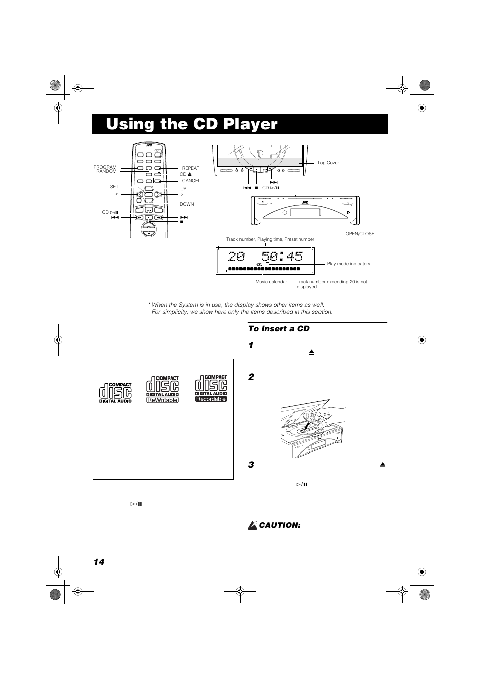 Using the cd player, Caution, Standby/on | JVC FSSD1000CA User Manual | Page 44 / 52