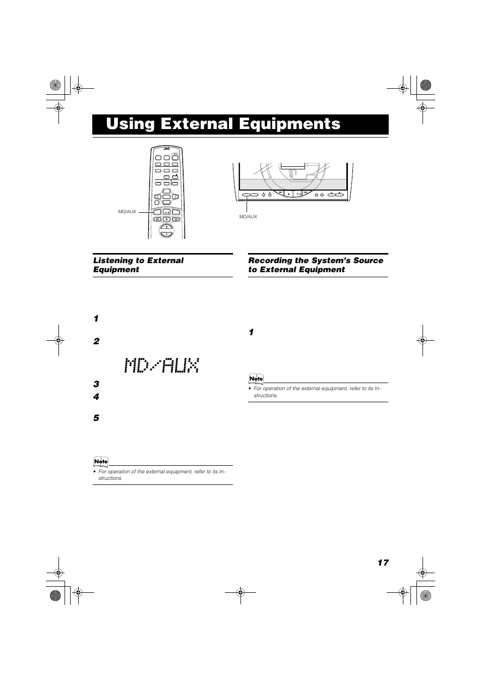 Using external equipments, Listening to external equipment, Set the volume control to the mini- mum position | Press the md/aux button, Start playing the external equipment, Apply sound effects, if you wish | JVC FSSD1000CA User Manual | Page 47 / 52