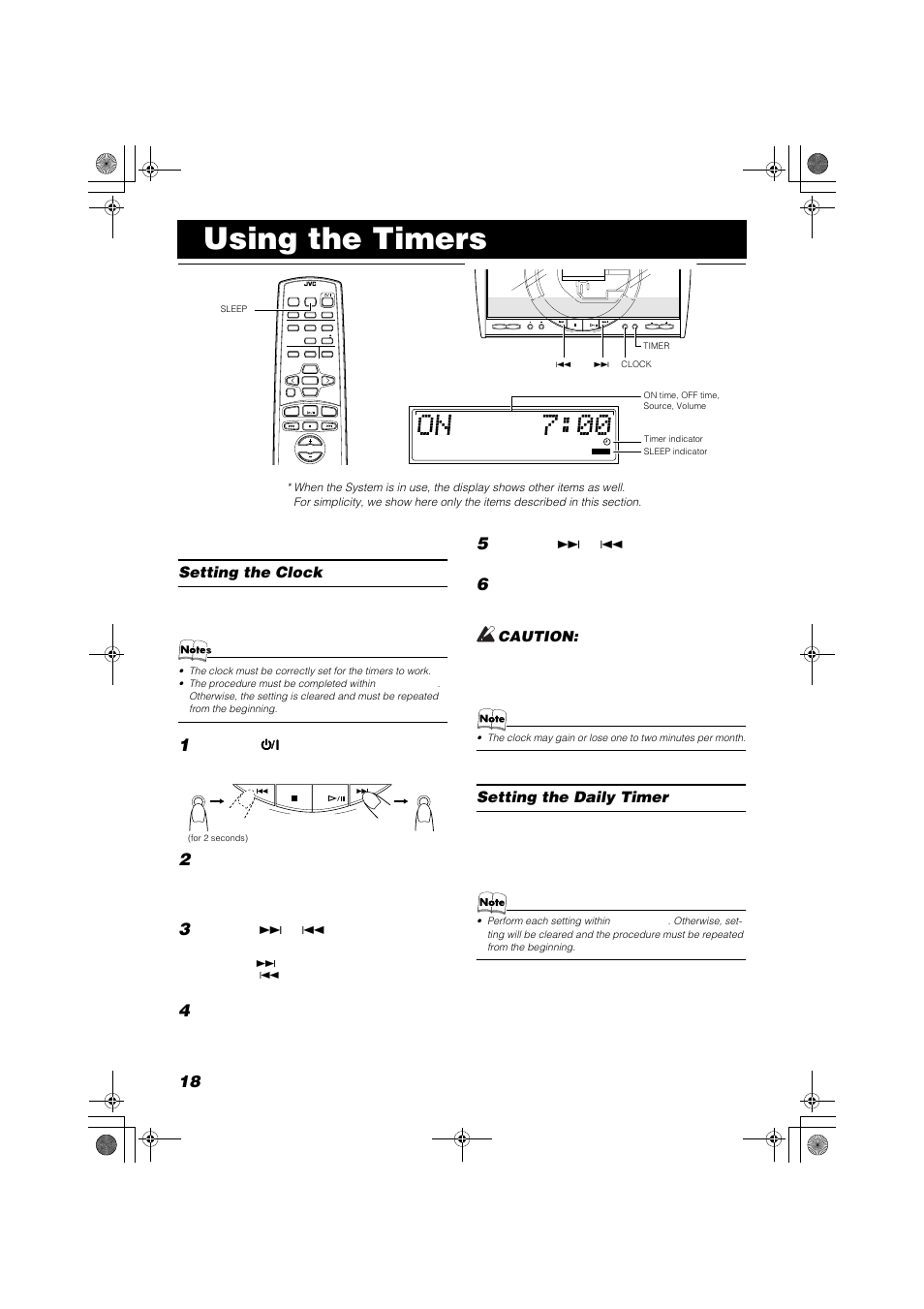 Using the timers, Setting the clock, Setting the daily timer | Press the % % % % button, Caution, Press the clock button, Press the ¢ or 4 button to set the minute | JVC FSSD1000CA User Manual | Page 48 / 52