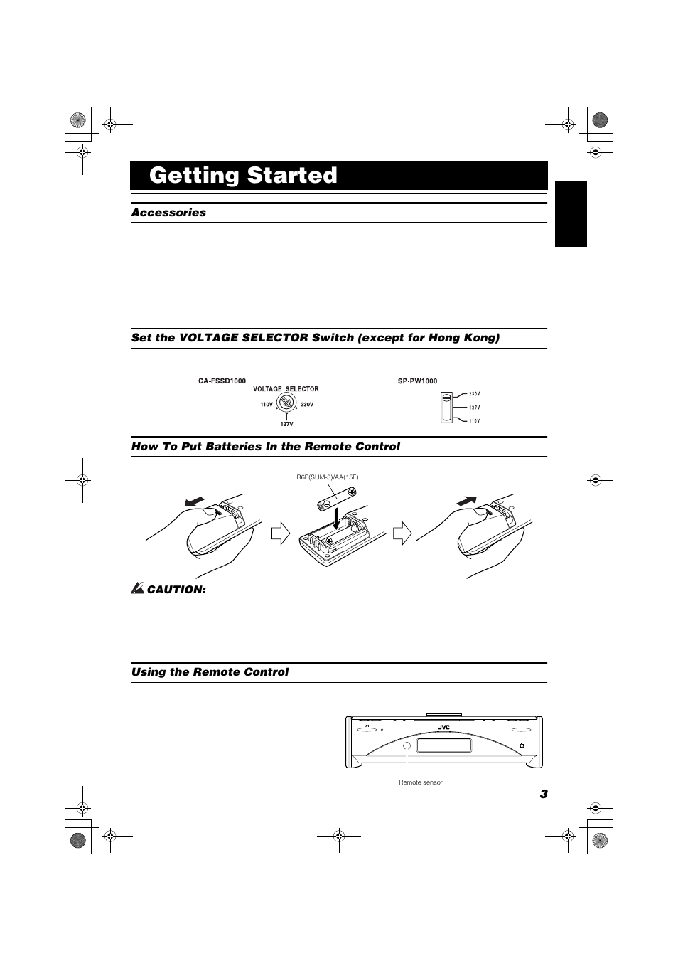 Getting started, Accessories, How to put batteries in the remote control | Using the remote control | JVC FSSD1000CA User Manual | Page 7 / 52