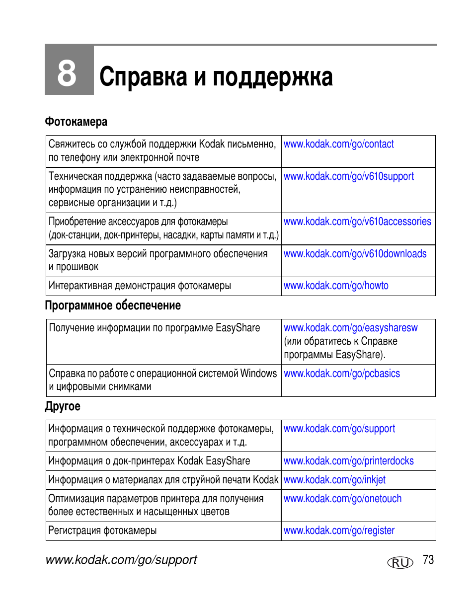 Справка и поддержка | Kodak V610 User Manual | Page 79 / 106