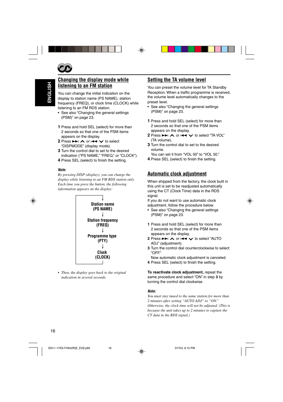 Setting the ta volume level, Automatic clock adjustment | JVC GET0140-001A User Manual | Page 16 / 46