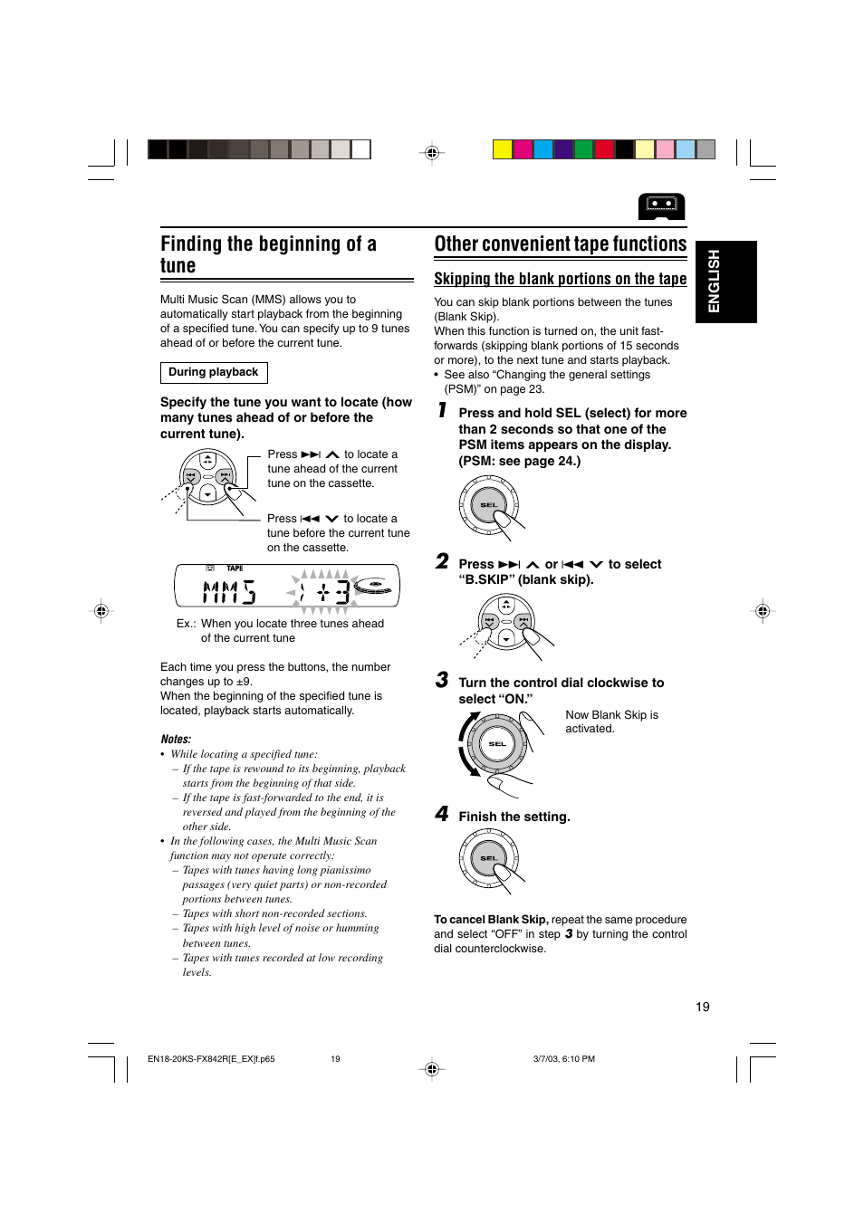 Finding the beginning of a tune, Other convenient tape functions, Skipping the blank portions on the tape | JVC GET0140-001A User Manual | Page 19 / 46