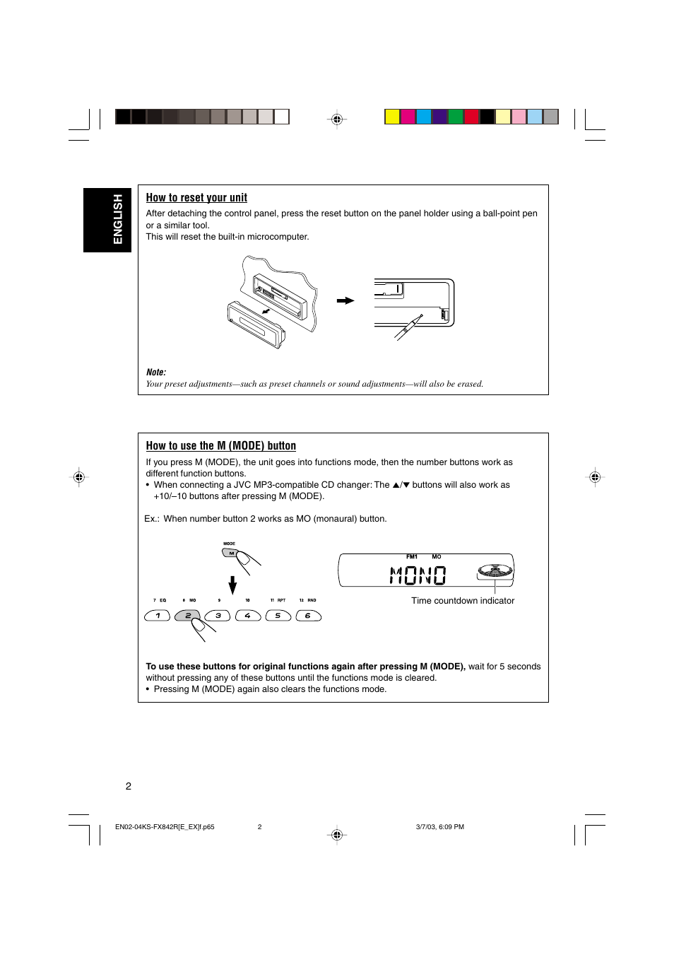 English how to reset your unit, How to use the m (mode) button | JVC GET0140-001A User Manual | Page 2 / 46