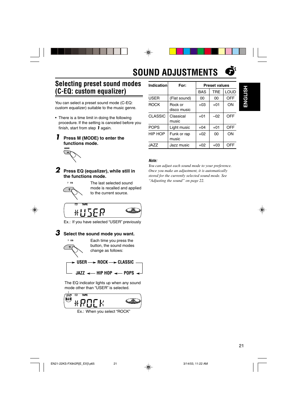 Sound adjustments | JVC GET0140-001A User Manual | Page 21 / 46