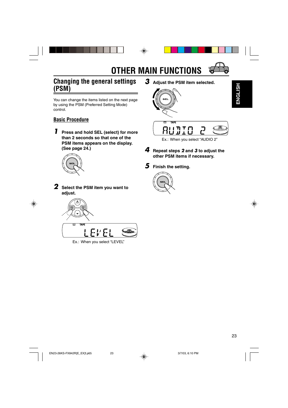 Other main functions, Changing the general settings (psm) | JVC GET0140-001A User Manual | Page 23 / 46