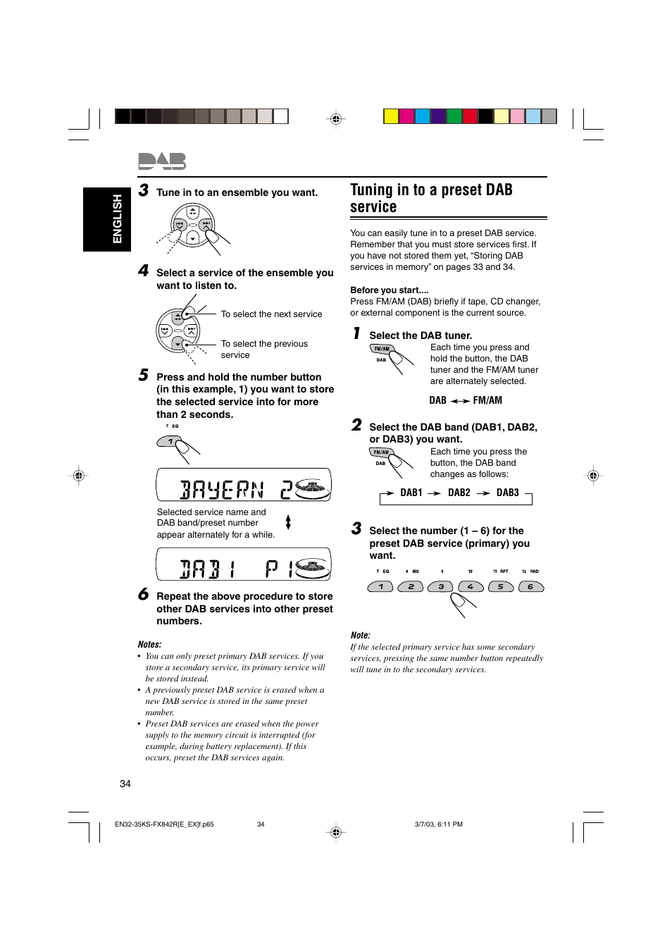 Tuning in to a preset dab service | JVC GET0140-001A User Manual | Page 34 / 46