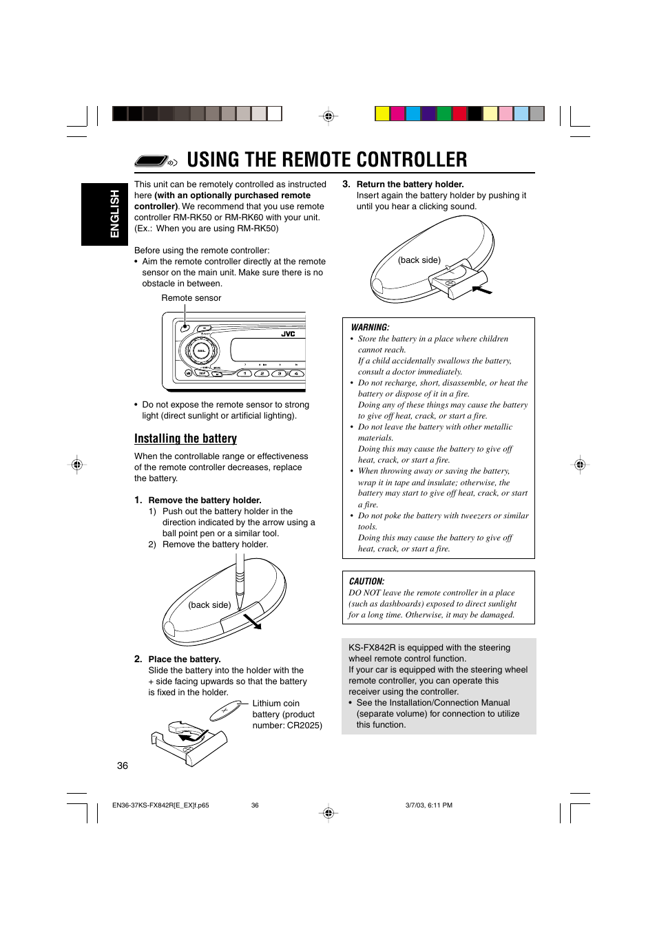 Using the remote controller, Installing the battery | JVC GET0140-001A User Manual | Page 36 / 46