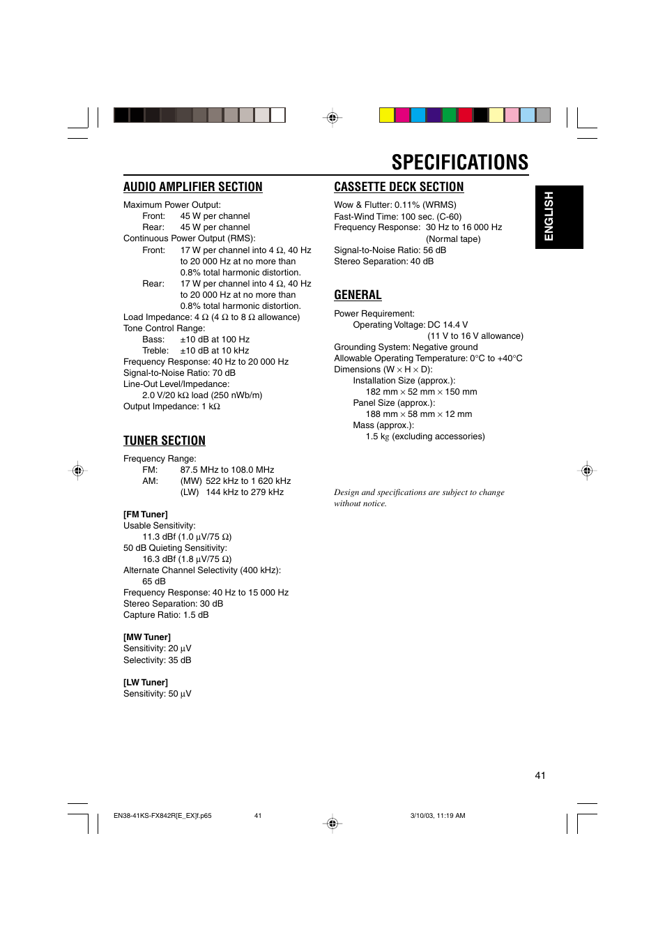 Specifications, General, English | JVC GET0140-001A User Manual | Page 41 / 46