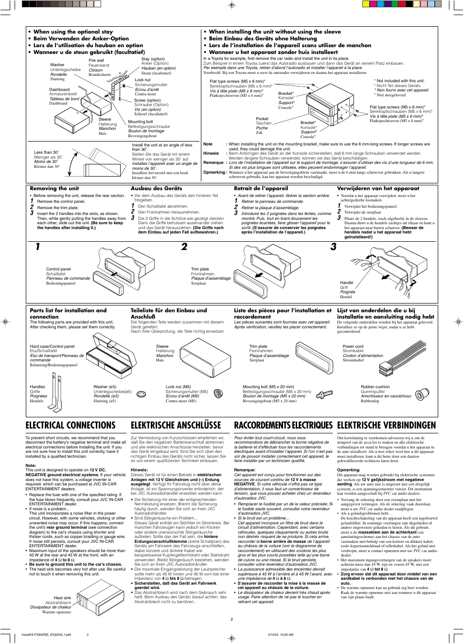 Electrical connections, Raccordements electriques, Elektrische anschlüsse | Elektrische verbindingen | JVC GET0140-001A User Manual | Page 44 / 46
