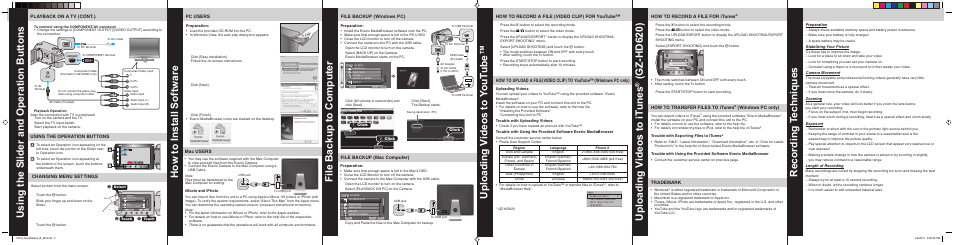 File backup (mac computer) trademark, How to transfer files to itunes, File backup (windows pc) | Changing menu settings using the operation buttons, Playback on a tv (cont.) | JVC Everio GZ-HD500 User Manual | Page 2 / 2