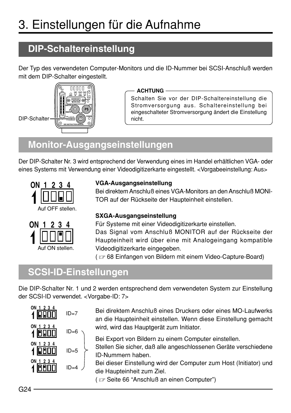 Einstellungen für die aufnahme, Scsi-id-einstellungen dip-schaltereinstellung, Monitor-ausgangseinstellungen | On 1 2 3 4 | JVC KY-F70B User Manual | Page 100 / 221