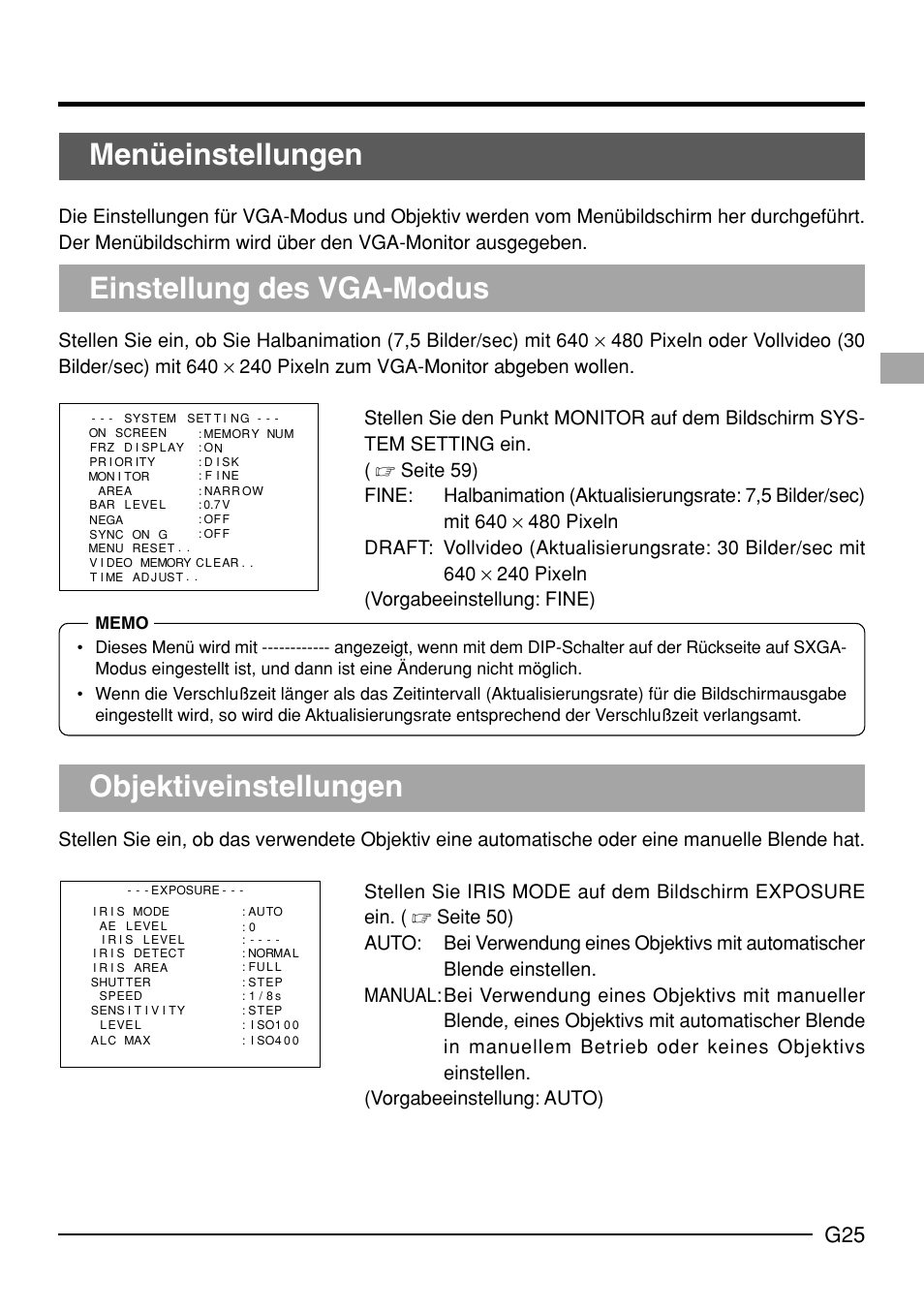 Einstellung des vga-modus objektiveinstellungen, Menüeinstellungen | JVC KY-F70B User Manual | Page 101 / 221