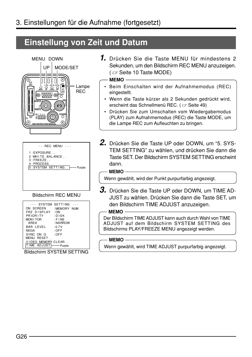 Einstellung von zeit und datum, Einstellungen für die aufnahme (fortgesetzt) | JVC KY-F70B User Manual | Page 102 / 221