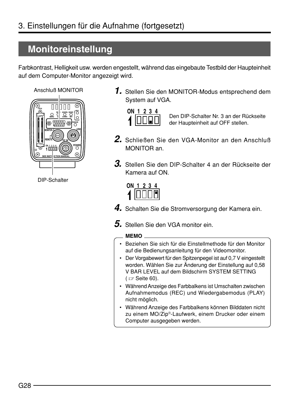 Monitoreinstellung, Einstellungen für die aufnahme (fortgesetzt), On 1 2 3 4 | Schalten sie die stromversorgung der kamera ein, Stellen sie den vga monitor ein | JVC KY-F70B User Manual | Page 104 / 221