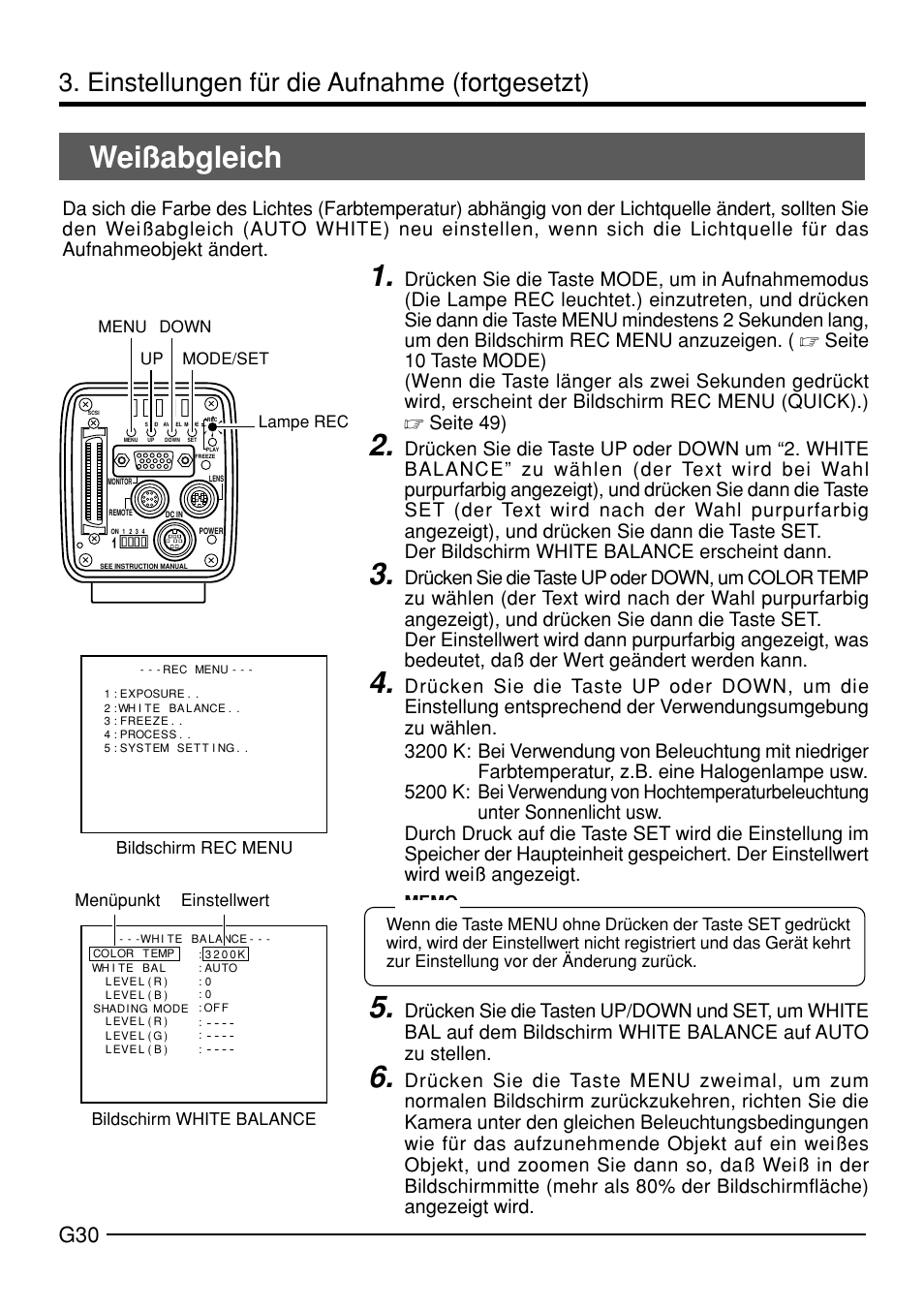 Weißabgleich, Einstellungen für die aufnahme (fortgesetzt) | JVC KY-F70B User Manual | Page 106 / 221