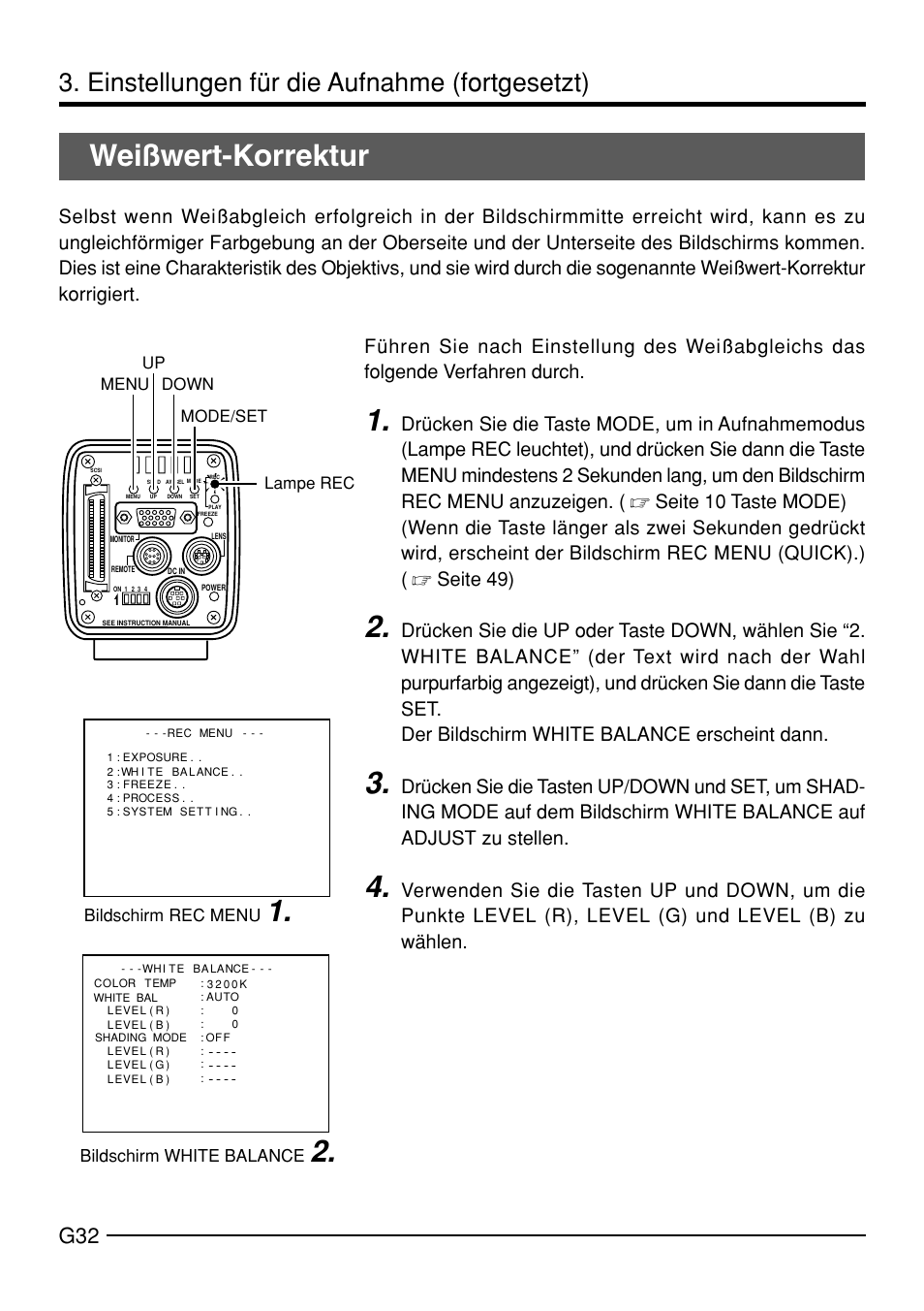 Weißwert-korrektur, Einstellungen für die aufnahme (fortgesetzt) | JVC KY-F70B User Manual | Page 108 / 221