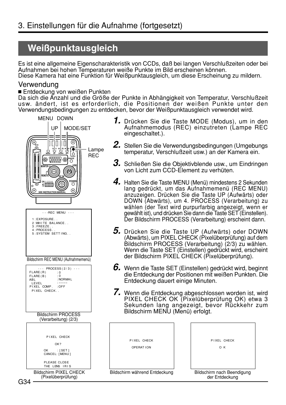Weißpunktausgleich, Einstellungen für die aufnahme (fortgesetzt), Verwendung | Up down mode/set menu, Lampe rec | JVC KY-F70B User Manual | Page 110 / 221
