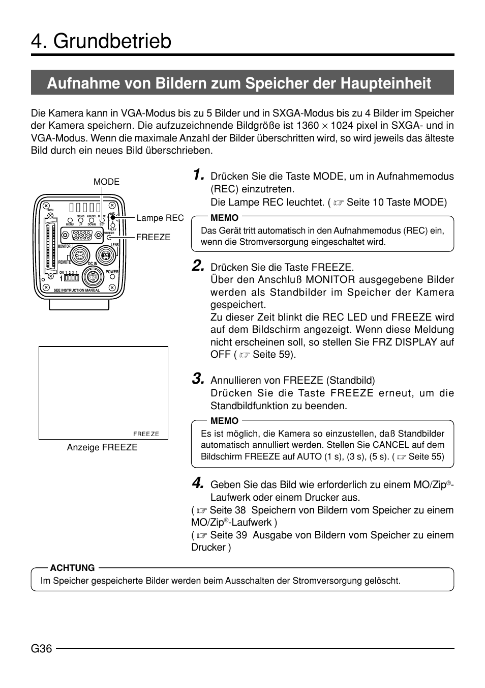 Grundbetrieb, Aufnahme von bildern zum speicher der haupteinheit | JVC KY-F70B User Manual | Page 112 / 221