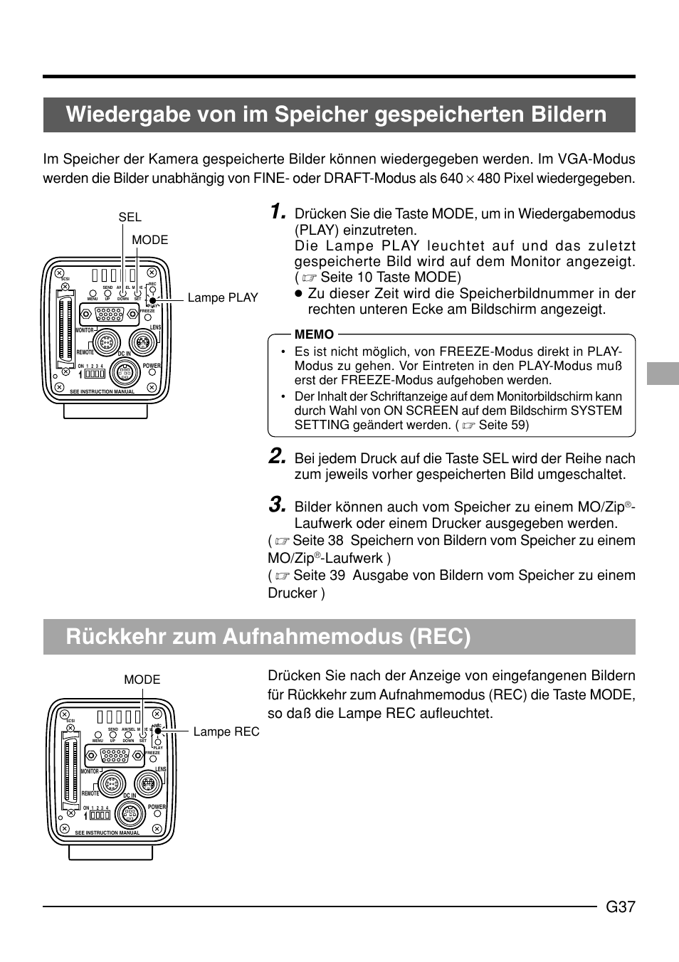 Bilder können auch vom speicher zu einem mo/zip, Mode, Sel mode lampe play lampe rec | JVC KY-F70B User Manual | Page 113 / 221