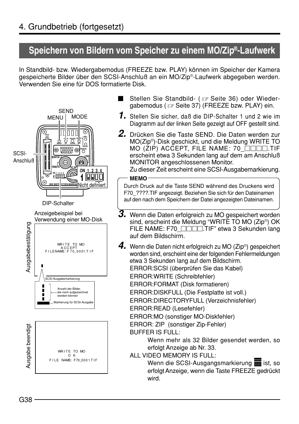 Speichern von bildern vom speicher zu einem mo/zip, Laufwerk, Grundbetrieb (fortgesetzt) | Wenn die daten nicht erfolgreich zu mo (zip | JVC KY-F70B User Manual | Page 114 / 221