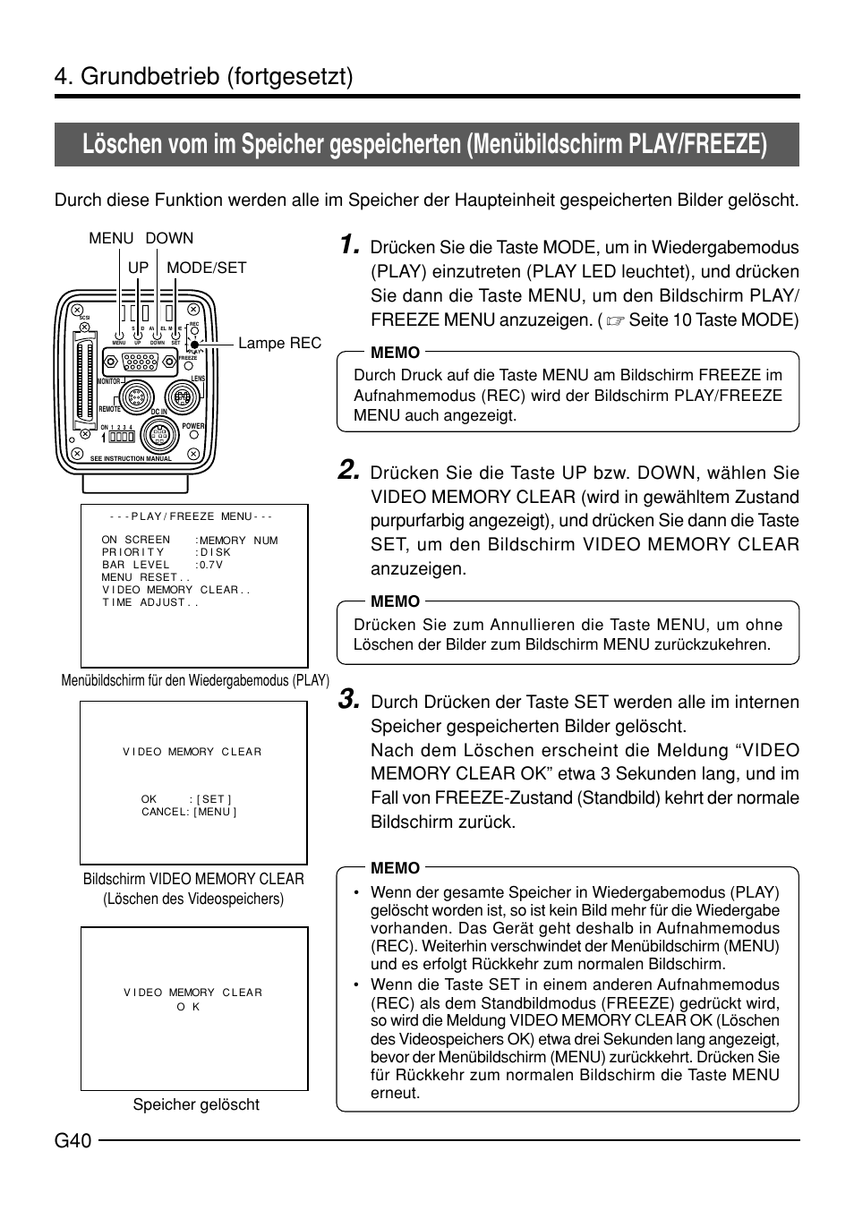 Grundbetrieb (fortgesetzt), Up down mode/set menu, Speicher gelöscht lampe rec | JVC KY-F70B User Manual | Page 116 / 221