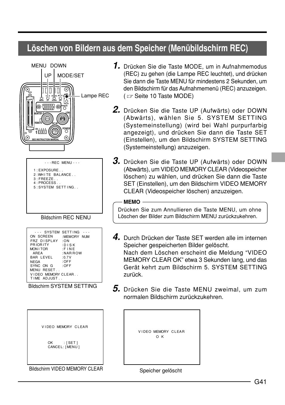 Up down mode/set menu, Speicher gelöscht, Lampe rec | JVC KY-F70B User Manual | Page 117 / 221