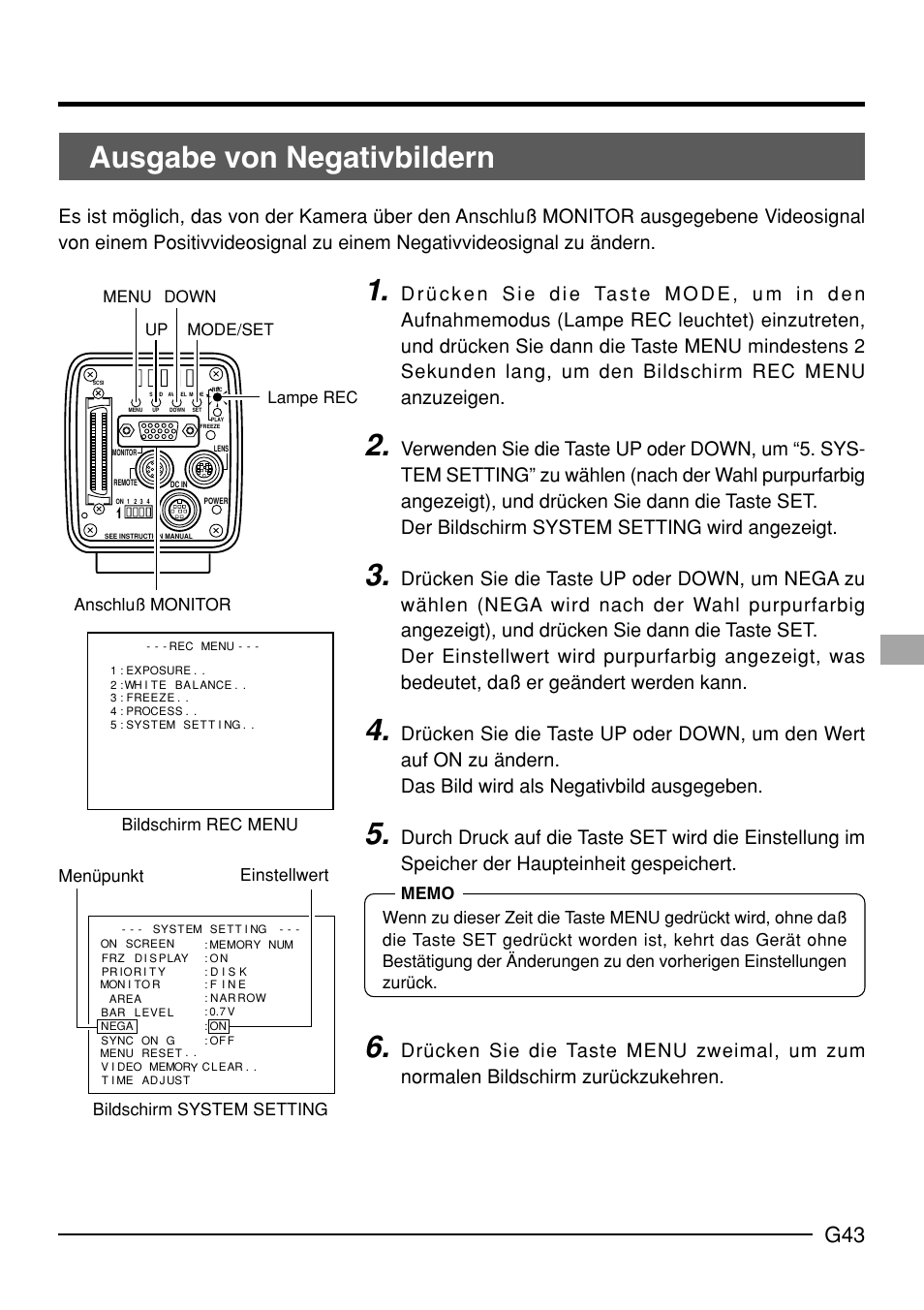 Ausgabe von negativbildern, Up down mode/set menu | JVC KY-F70B User Manual | Page 119 / 221