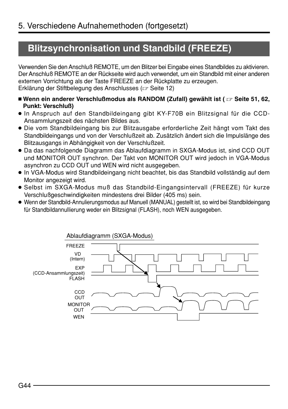 Blitzsynchronisation und standbild (freeze), Verschiedene aufnahemethoden (fortgesetzt) | JVC KY-F70B User Manual | Page 120 / 221