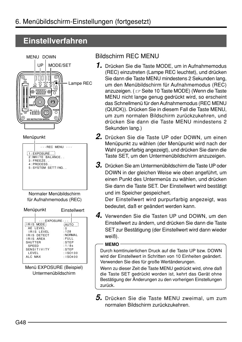Einstellverfahren, Menübildschirm-einstellungen (fortgesetzt), Bildschirm rec menu | JVC KY-F70B User Manual | Page 124 / 221