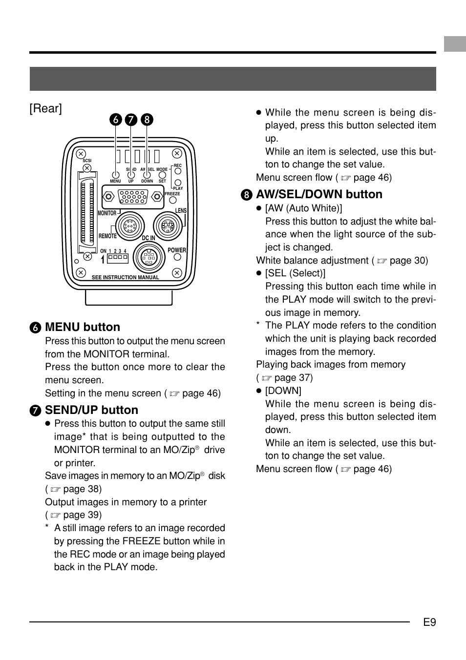 Menu button, Send/up button, Rear | º aw/sel/down button | JVC KY-F70B User Manual | Page 13 / 221