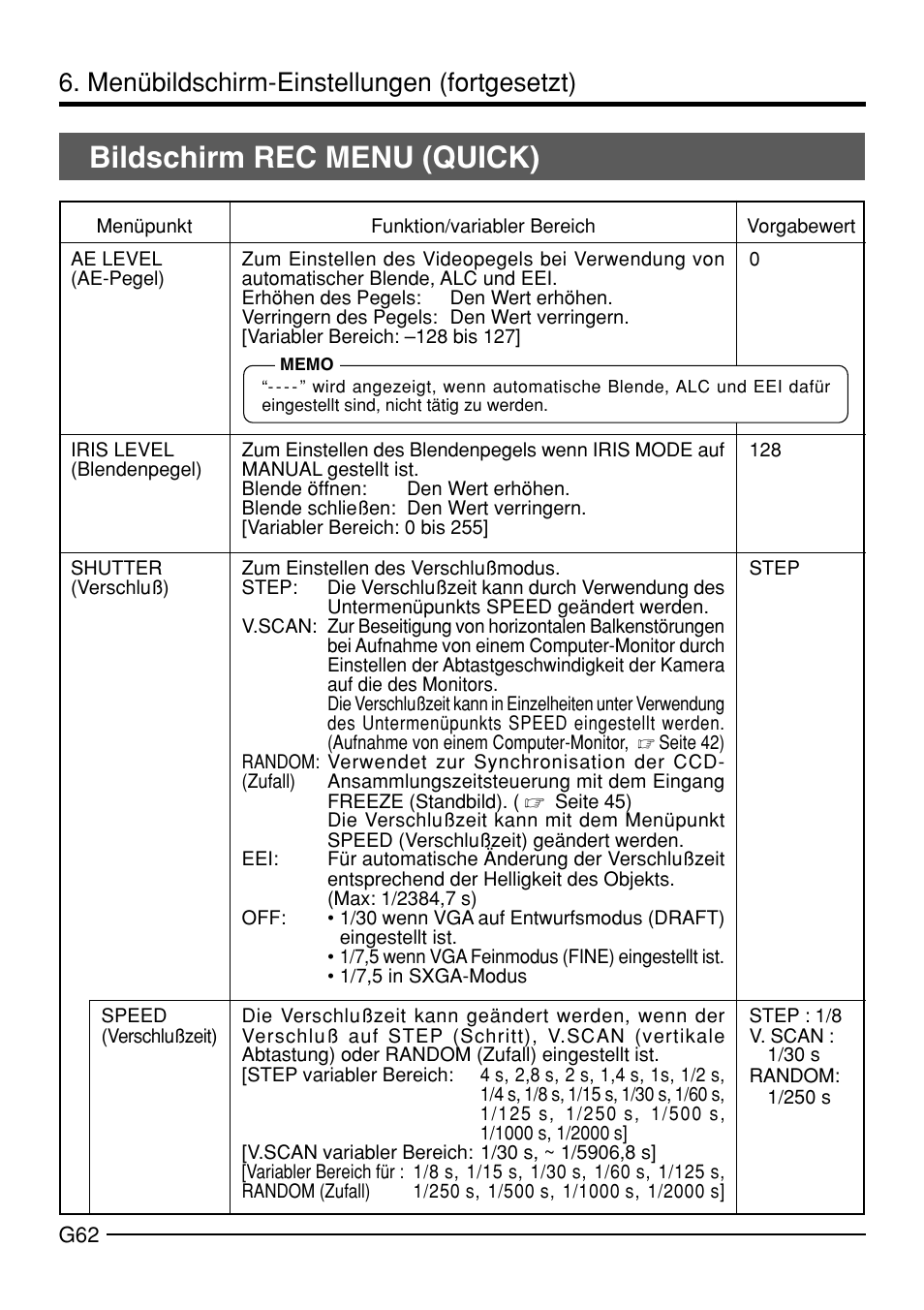 Bildschirm rec menu (quick), Menübildschirm-einstellungen (fortgesetzt) | JVC KY-F70B User Manual | Page 138 / 221